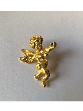 VINTAGE 1980s Gold Tone CHRISTMAS Angel CHERUB Cupid Brooch Lapel Pin J299